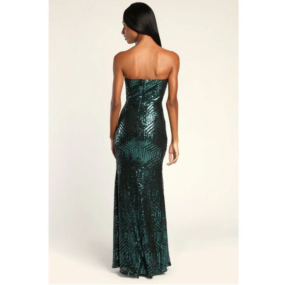 Lulus 'Dazzling Magic' Teal and Black Sequin Strapless Maxi Dress - Picture 4 of 16